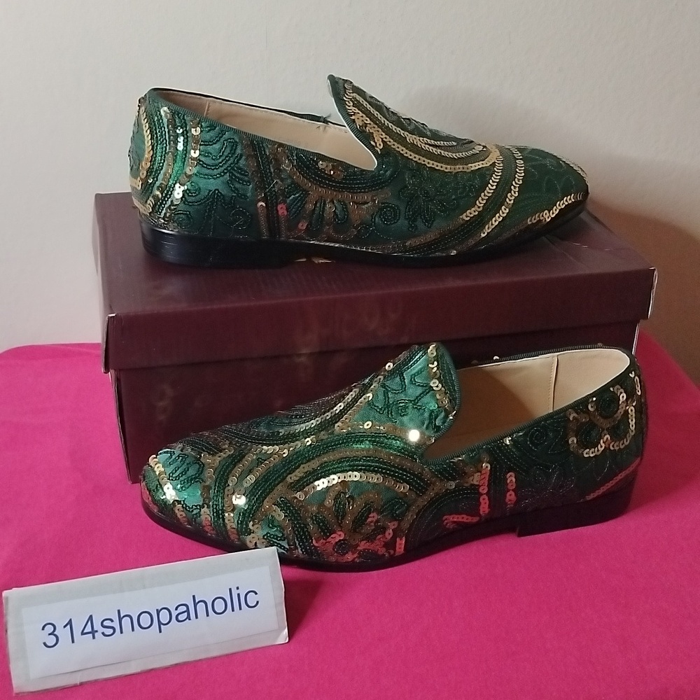 Mens Green / Gold Sequin Loafers - Picture 2 of 6